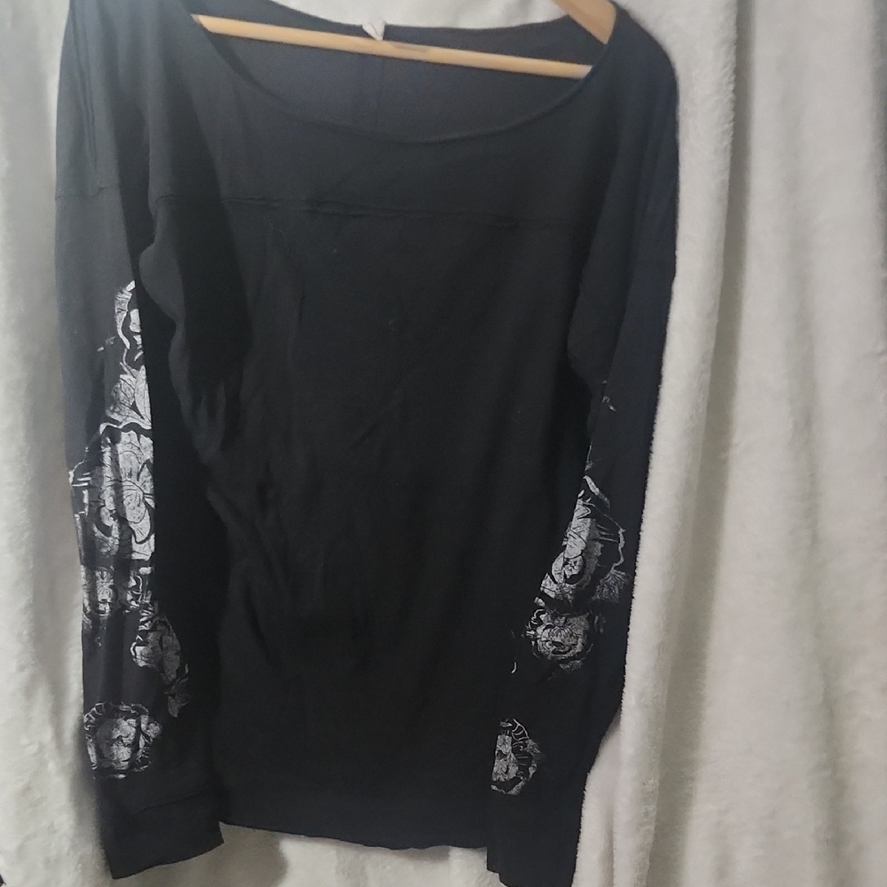 Free People Movement S Black Long Sleeve Top Floral Sleeves Active Athleisure